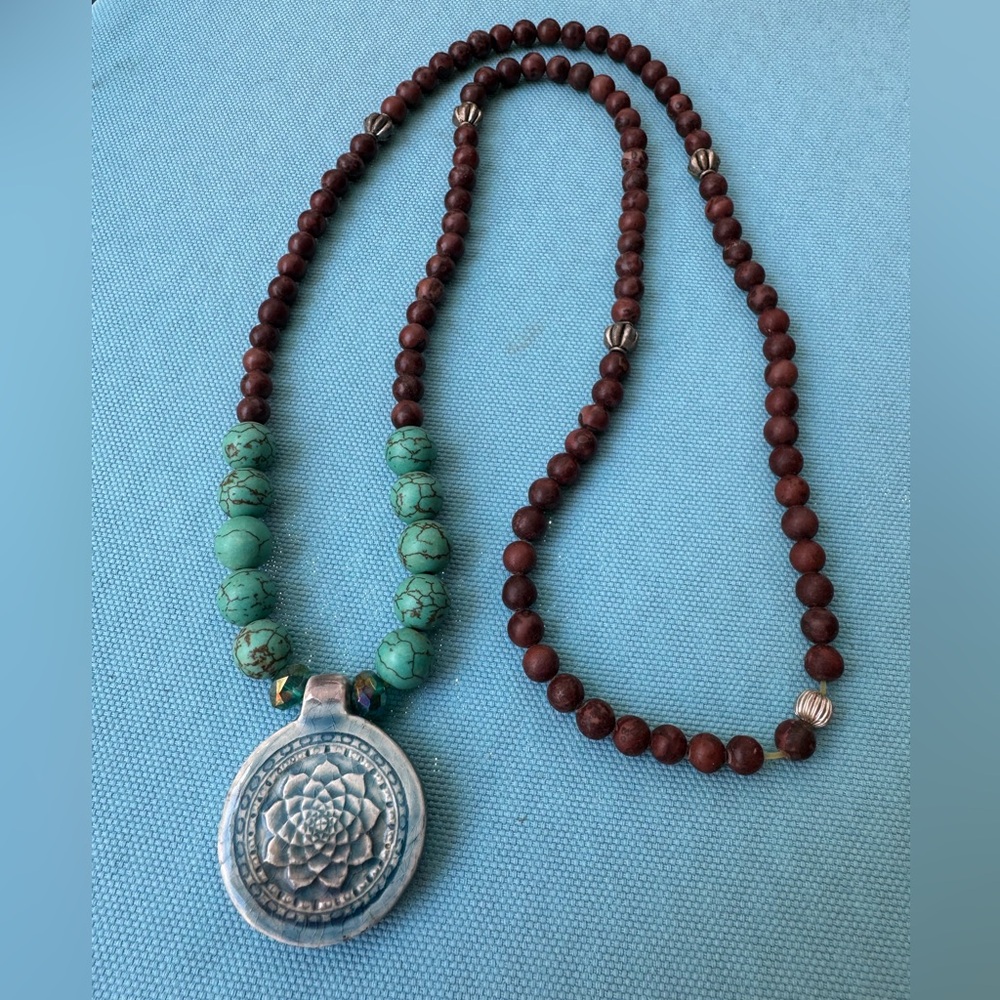Turquoise beaded mala with ceramic lotus pendant
